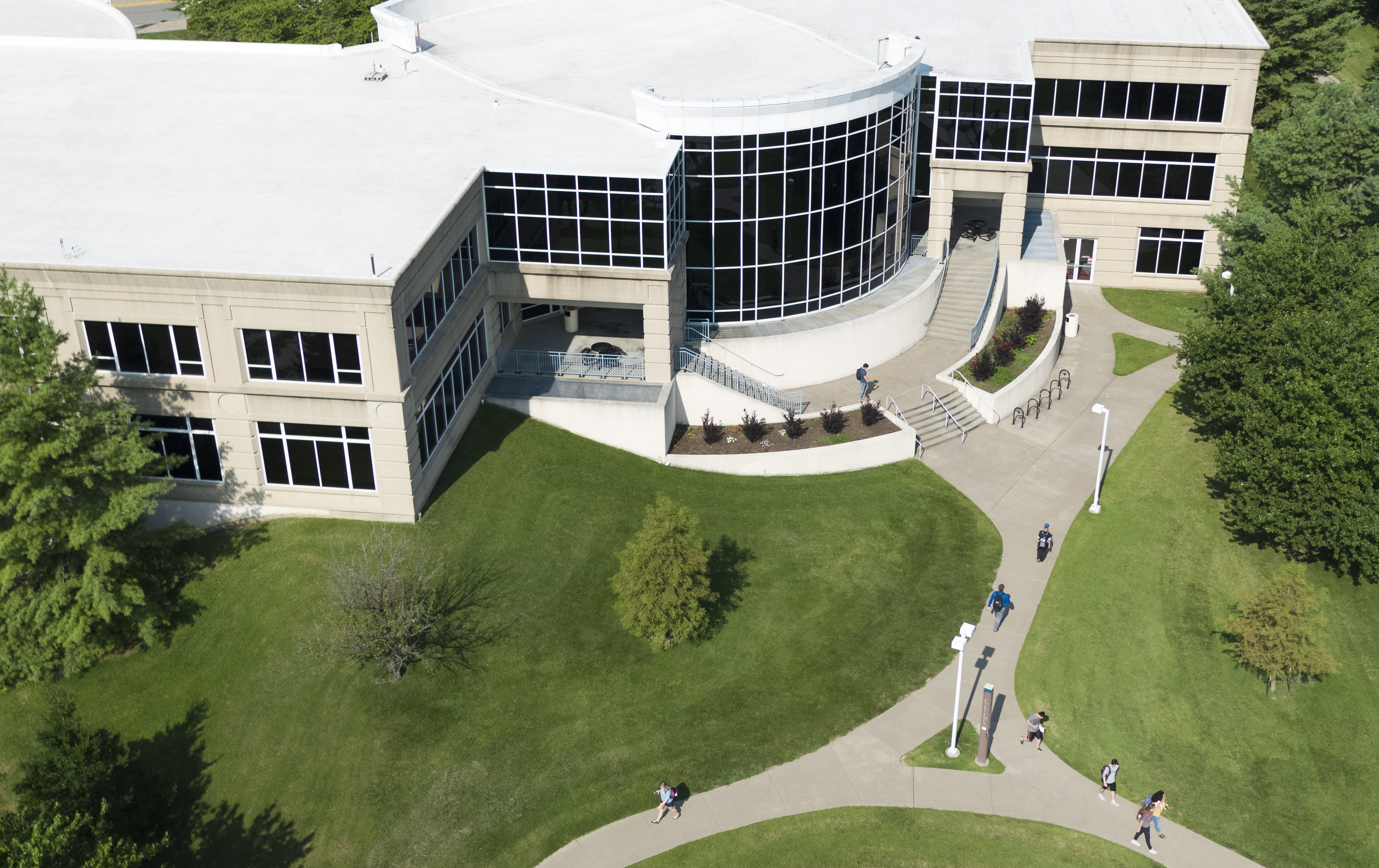 aerial view of dempster hall on a sunny day