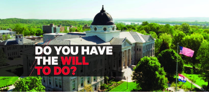 aerial view of academic hall with a transparent black box bearing the text "Do you have the will to do?"