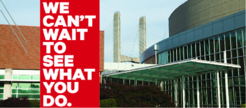 the river campus cultural arts center seen from the parking lot with the text "We can't wait to see what you do"