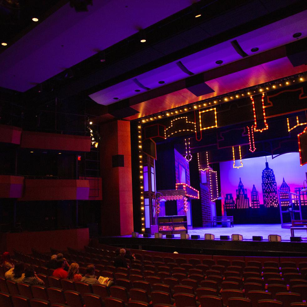 People sit in seats in front of a lit up stage