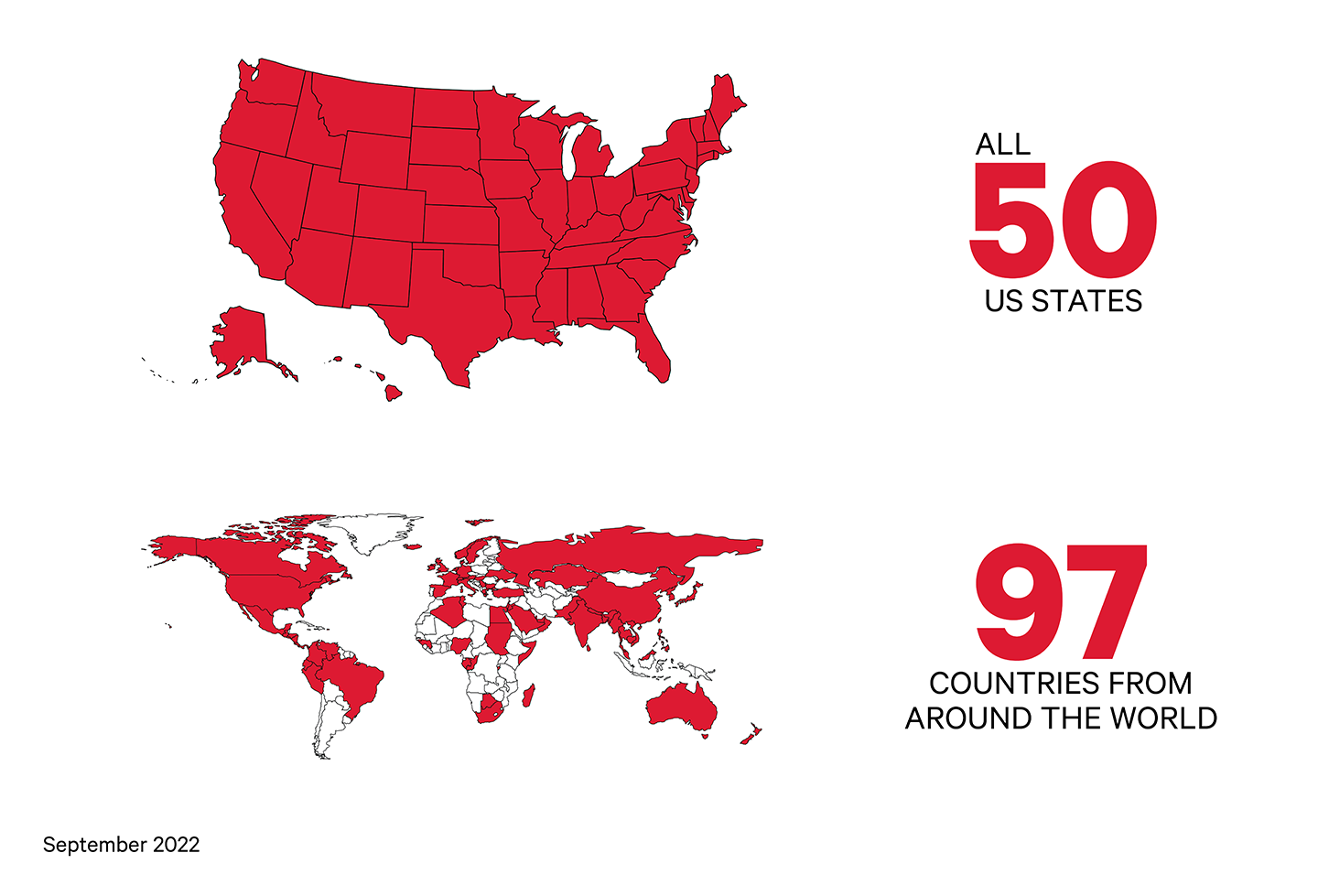 a visual representation of the above statement, a map of the US and the world with colored red areas to indicate the presence of alumni